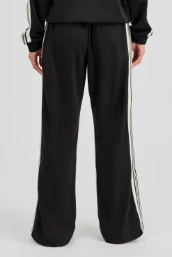 Womens Wide Leg Poly Smooth Taping Track Pant - Black
