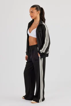 Womens Wide Leg Poly Smooth Taping Track Pant - Black