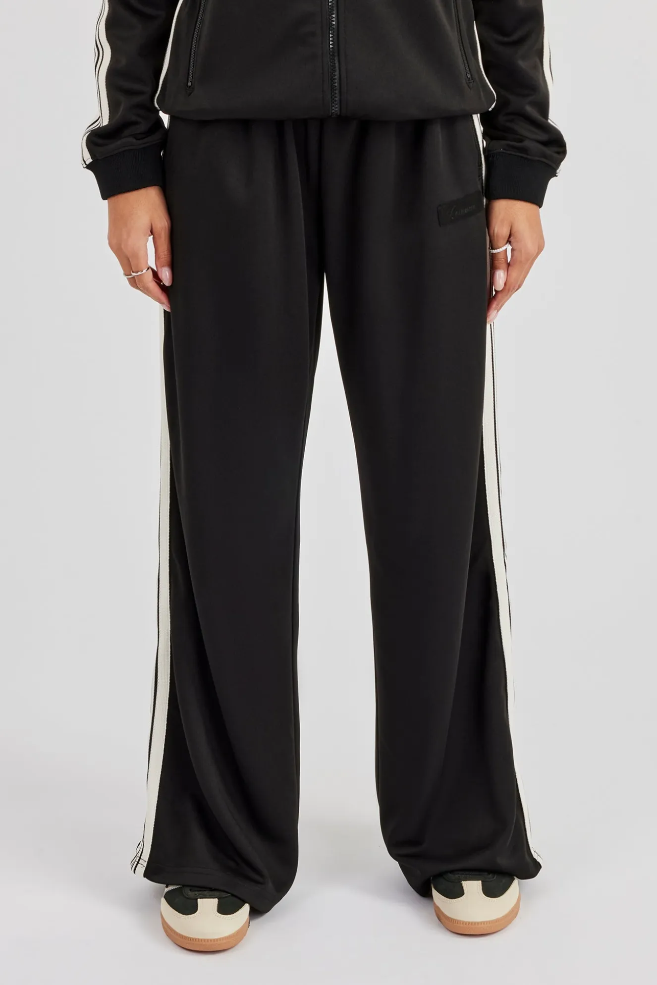 Womens Wide Leg Poly Smooth Taping Track Pant - Black