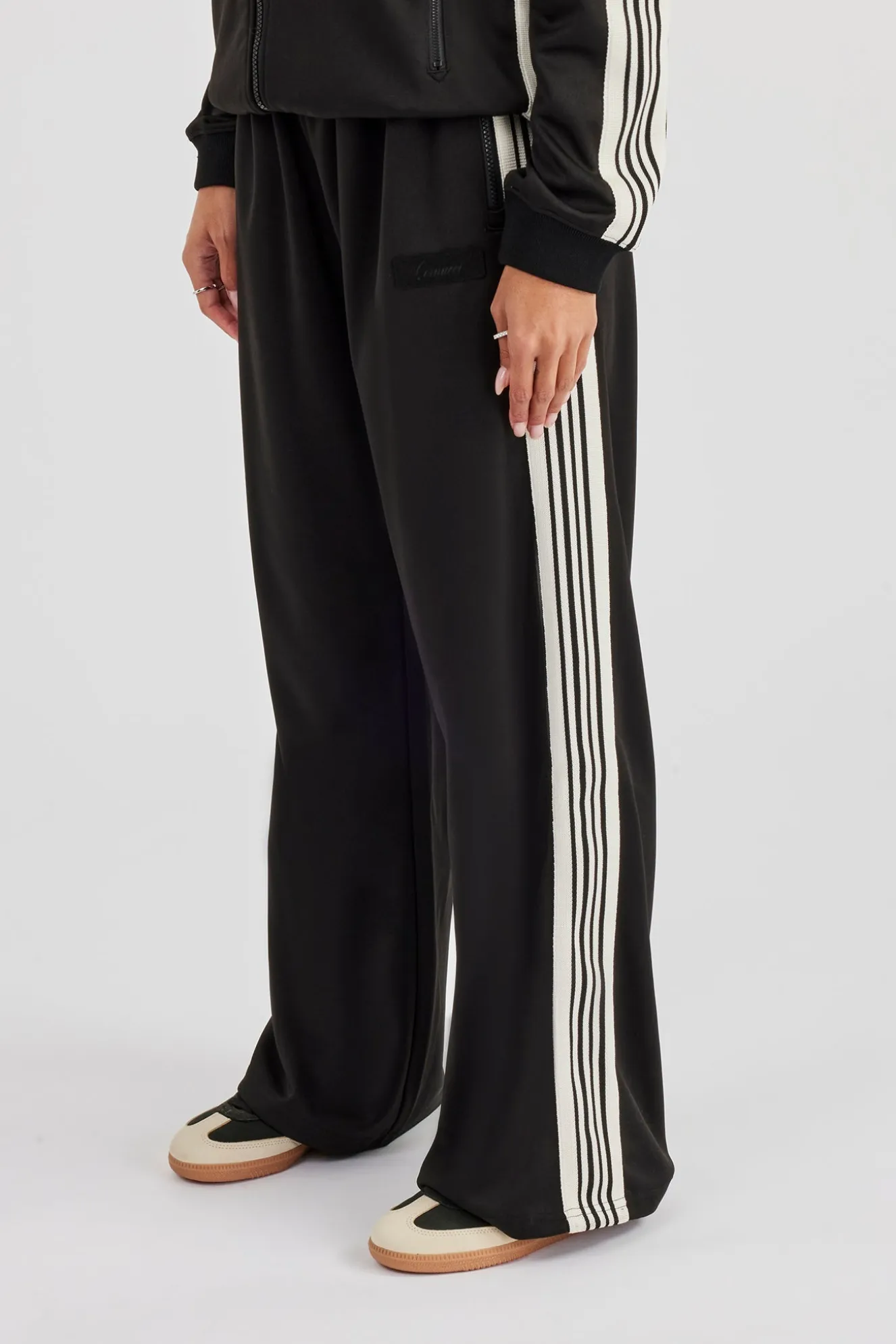 Womens Wide Leg Poly Smooth Taping Track Pant - Black