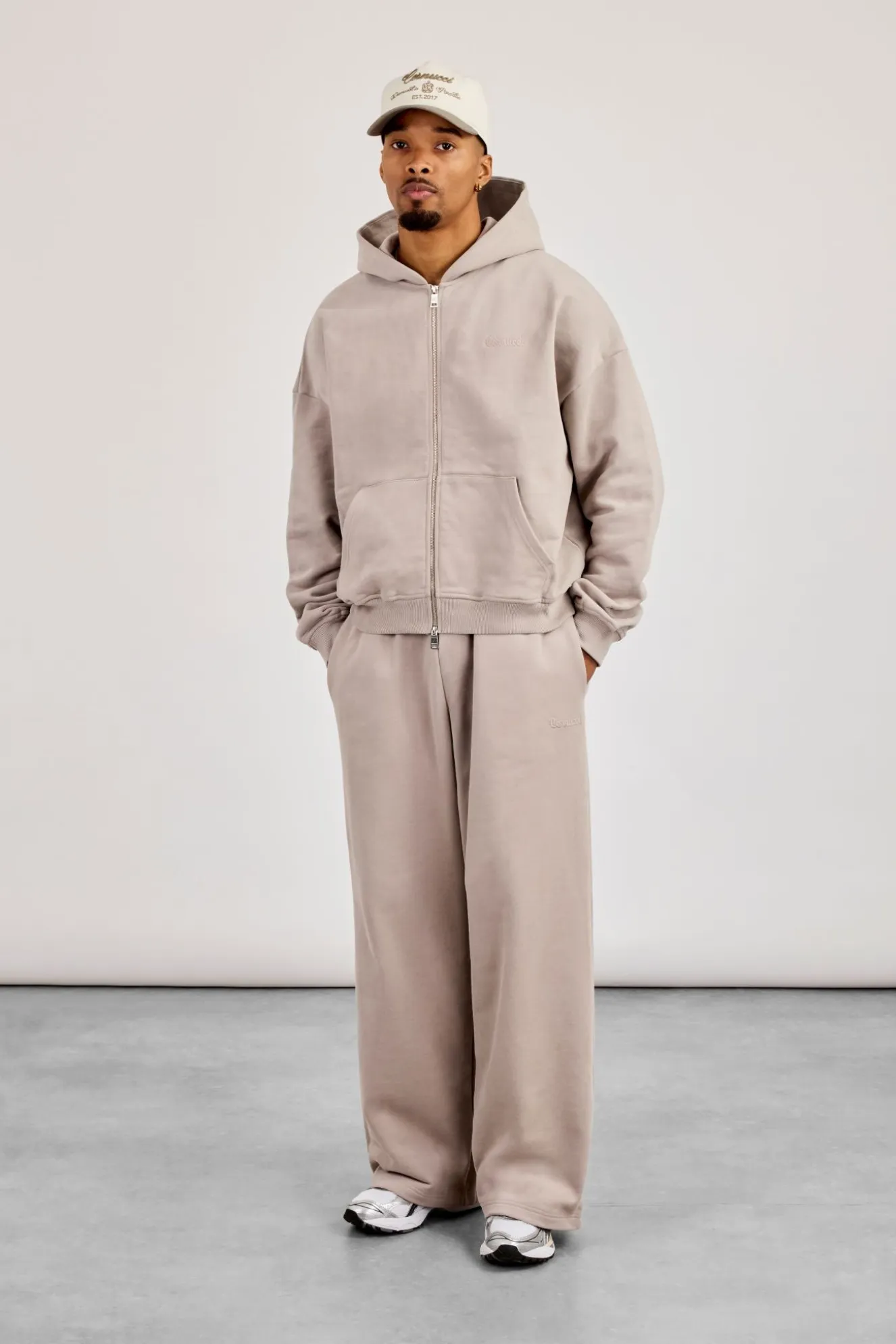 Zip Through Boxy Hoodie & Baggy Fit Jogger - Stone
