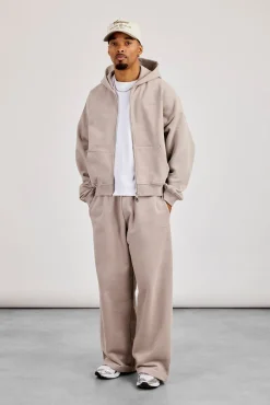 Zip Through Boxy Hoodie & Baggy Fit Jogger - Stone