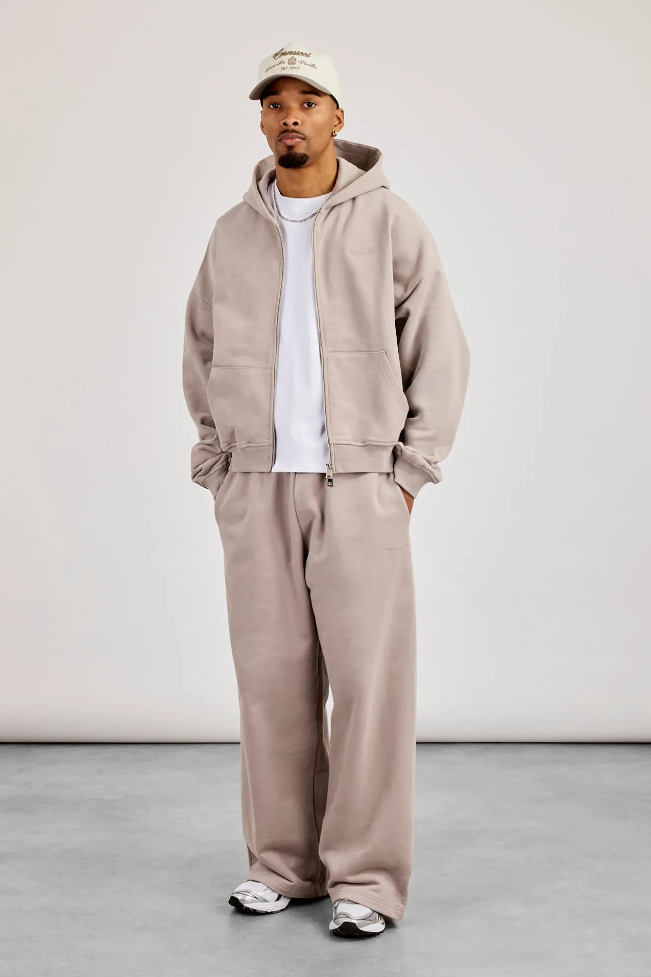 Zip Through Boxy Hoodie & Baggy Fit Jogger - Stone