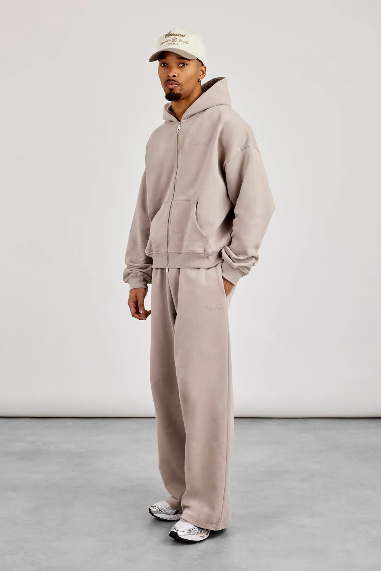Zip Through Boxy Hoodie & Baggy Fit Jogger - Stone