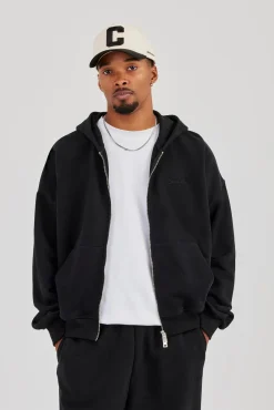 Zip Through Boxy Hoodie - Black
