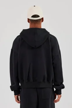 Zip Through Boxy Hoodie - Black