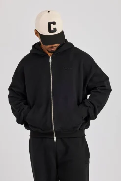 Zip Through Boxy Hoodie - Black