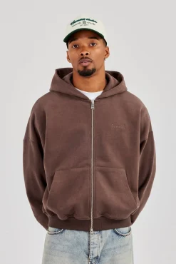 Zip Through Boxy Hoodie - Coffee