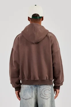 Zip Through Boxy Hoodie - Coffee