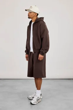 Zip Through Boxy Hoodie & Embroidered Jersey Jort - Coffee
