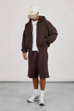 Zip Through Boxy Hoodie & Embroidered Jersey Jort - Coffee