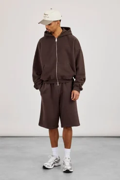 Zip Through Boxy Hoodie & Embroidered Jersey Jort - Coffee