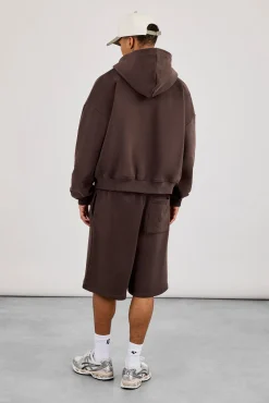 Zip Through Boxy Hoodie & Embroidered Jersey Jort - Coffee
