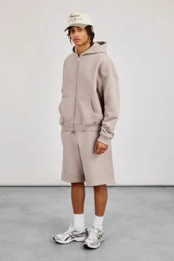Zip Through Boxy Hoodie & Embroidered Jersey Jort - Stone
