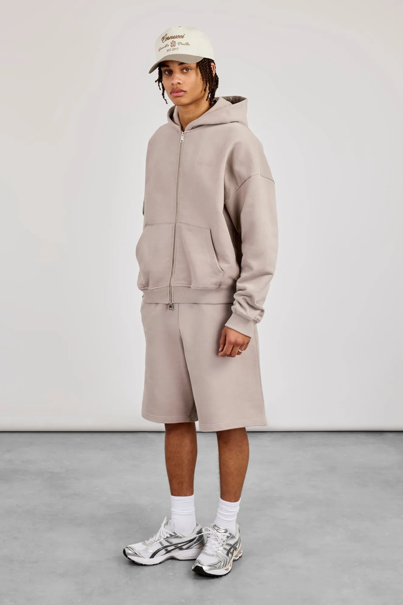 Zip Through Boxy Hoodie & Embroidered Jersey Jort - Stone