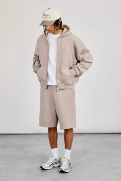 Zip Through Boxy Hoodie & Embroidered Jersey Jort - Stone