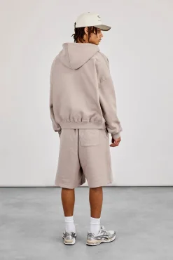 Zip Through Boxy Hoodie & Embroidered Jersey Jort - Stone