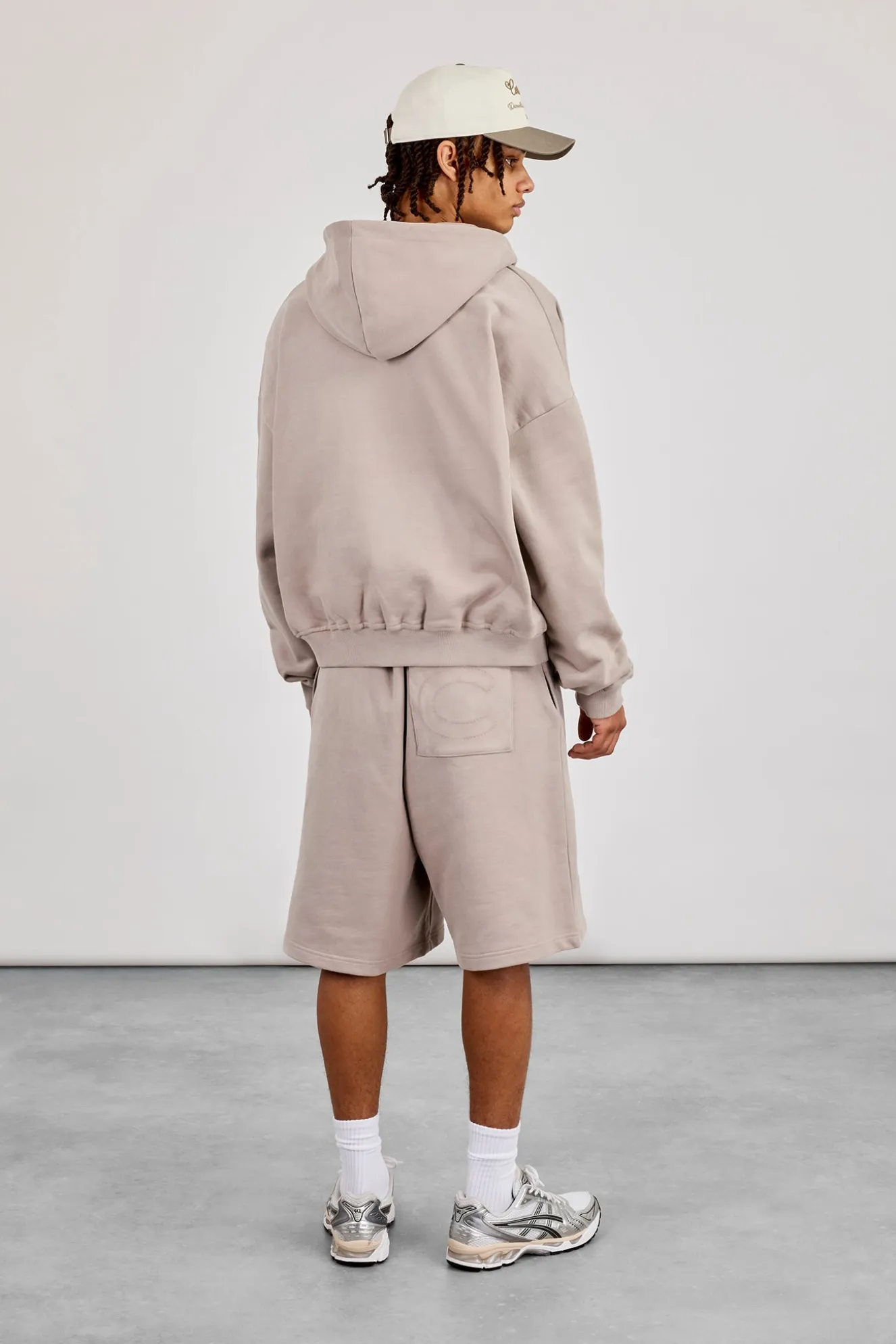 Zip Through Boxy Hoodie & Embroidered Jersey Jort - Stone