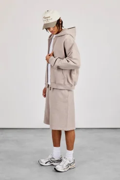 Zip Through Boxy Hoodie & Embroidered Jersey Jort - Stone