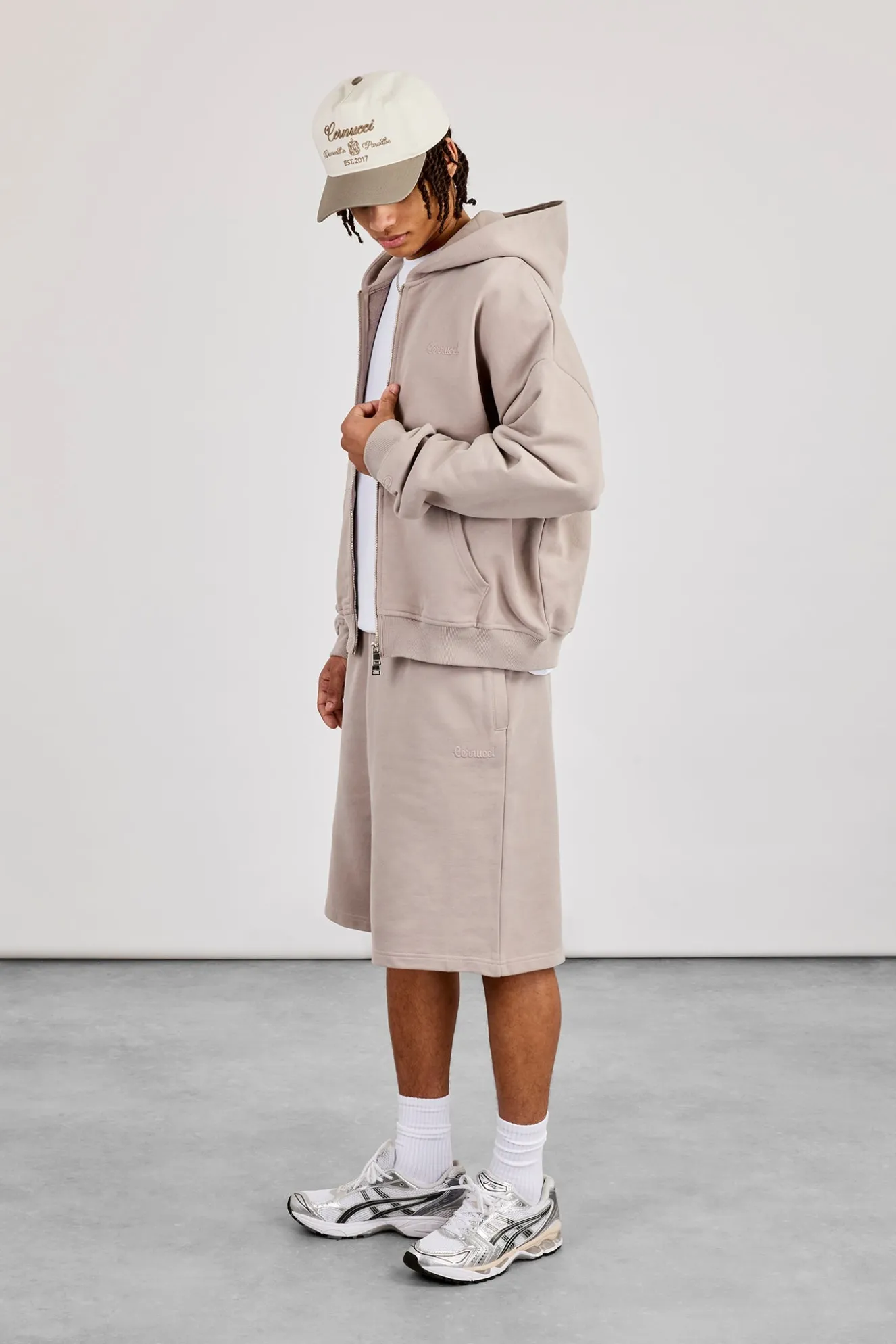 Zip Through Boxy Hoodie & Embroidered Jersey Jort - Stone