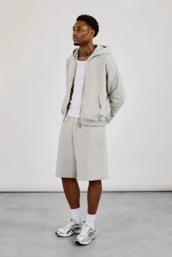 Zip Through Boxy Hoodie & Embroidered Jersey Jort - Grey Marl