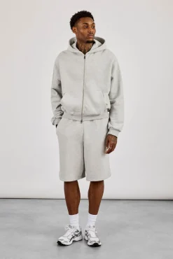 Zip Through Boxy Hoodie & Embroidered Jersey Jort - Grey Marl