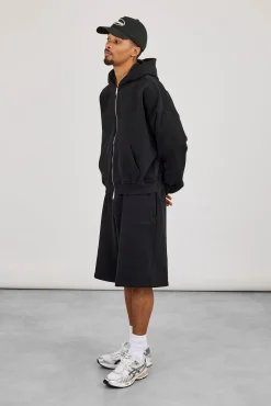 Zip Through Boxy Hoodie & Embroidered Jersey Jort - Black