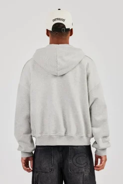 Zip Through Boxy Hoodie - Grey Marl