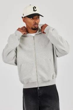 Zip Through Boxy Hoodie - Grey Marl
