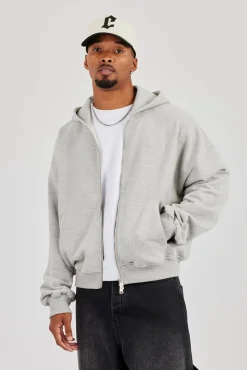 Zip Through Boxy Hoodie - Grey Marl