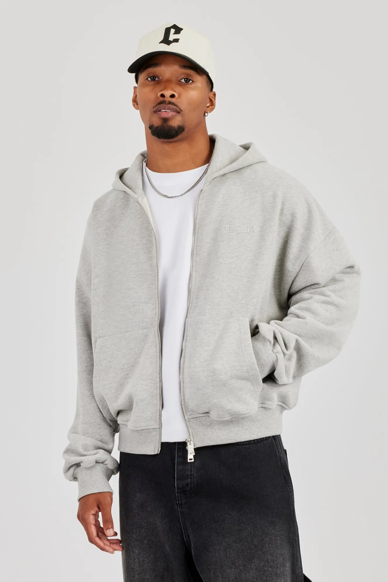 Zip Through Boxy Hoodie - Grey Marl