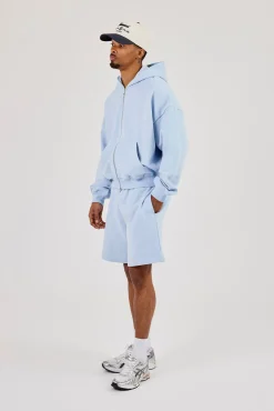 Zip Through Boxy Hoodie - Light Blue