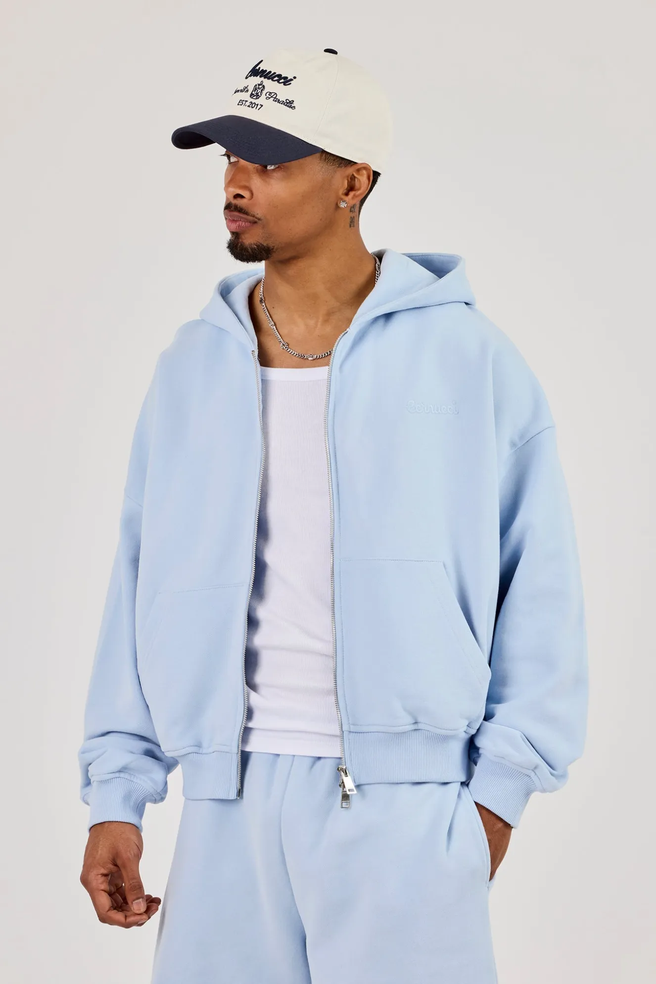 Zip Through Boxy Hoodie - Light Blue