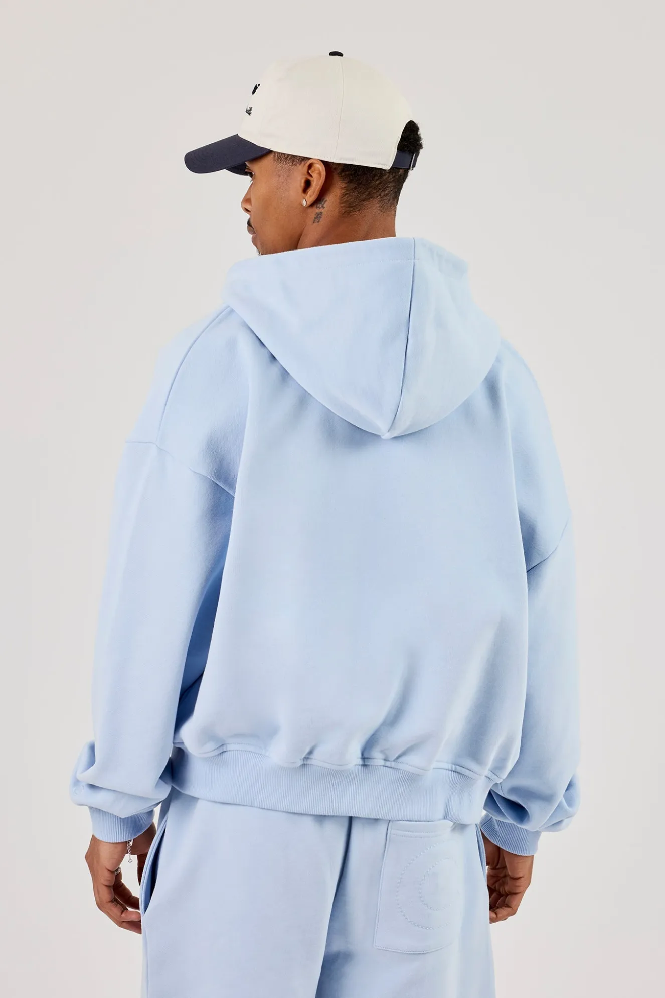 Zip Through Boxy Hoodie - Light Blue