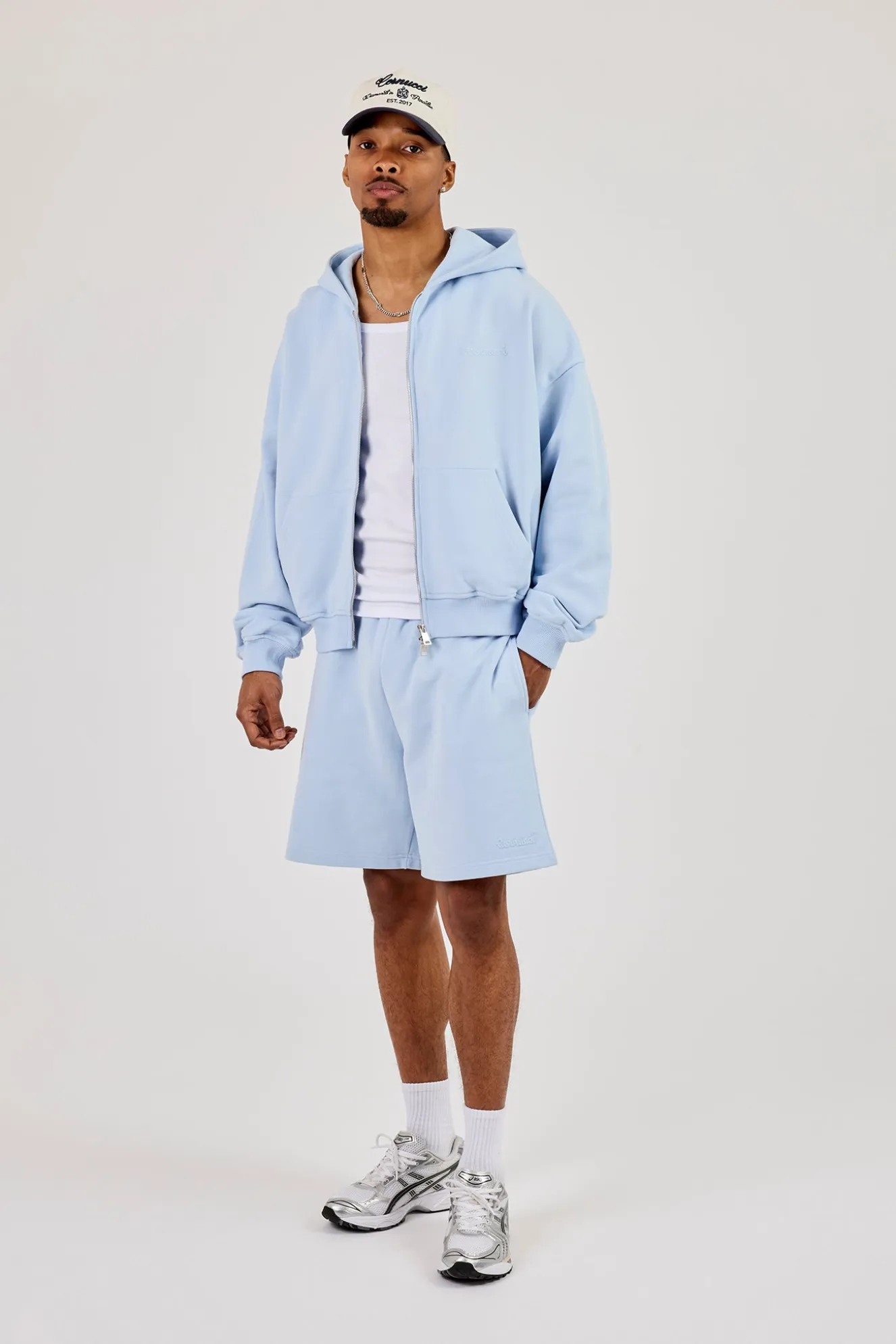 Zip Through Boxy Hoodie & Relaxed Jersey Short - Light Blue