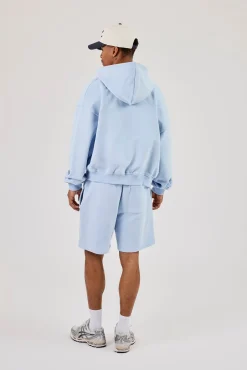 Zip Through Boxy Hoodie & Relaxed Jersey Short - Light Blue