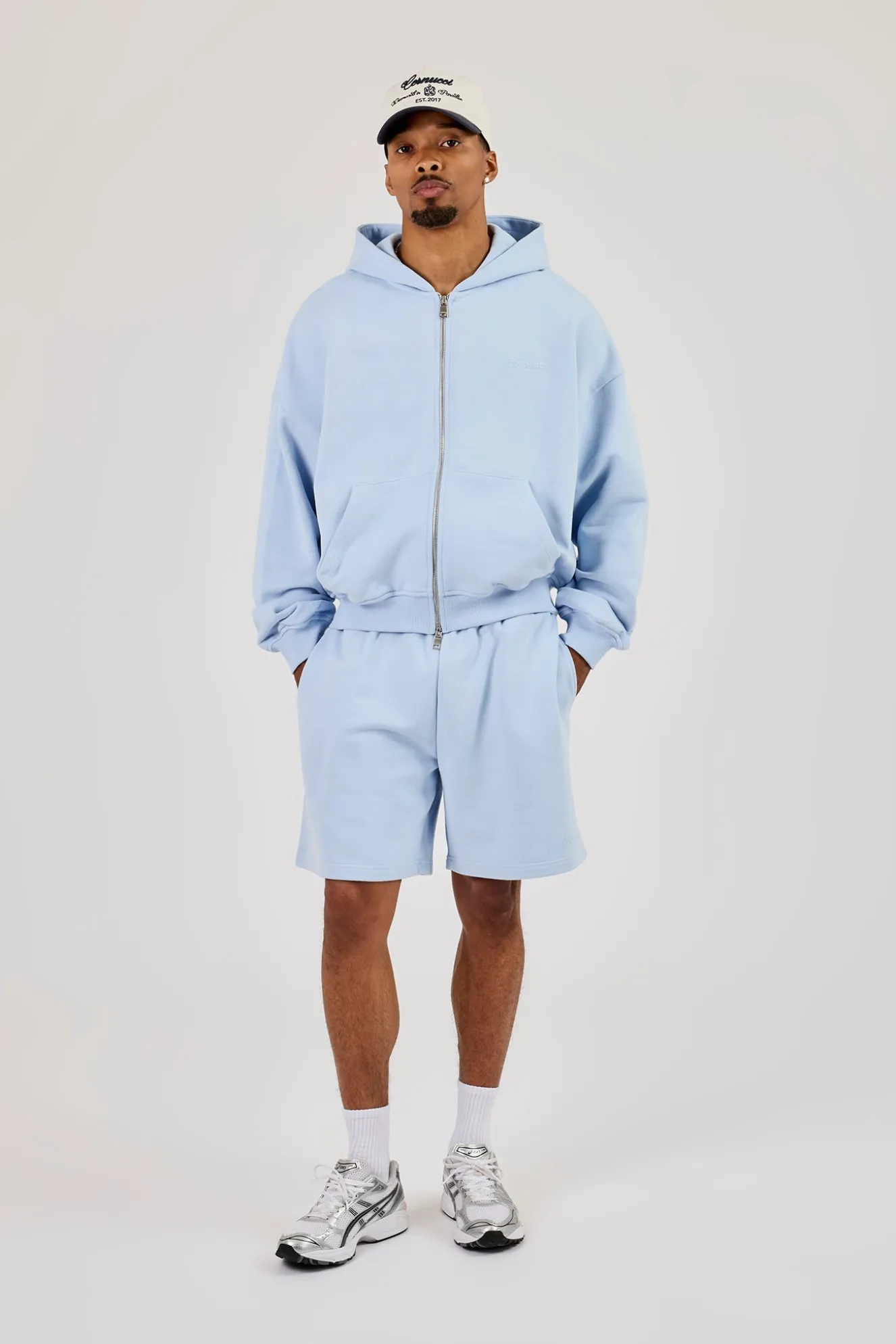 Zip Through Boxy Hoodie & Relaxed Jersey Short - Light Blue