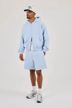 Zip Through Boxy Hoodie & Relaxed Jersey Short - Light Blue