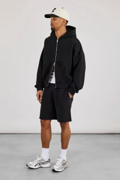 Zip Through Boxy Hoodie & Relaxed Jersey Short - Black