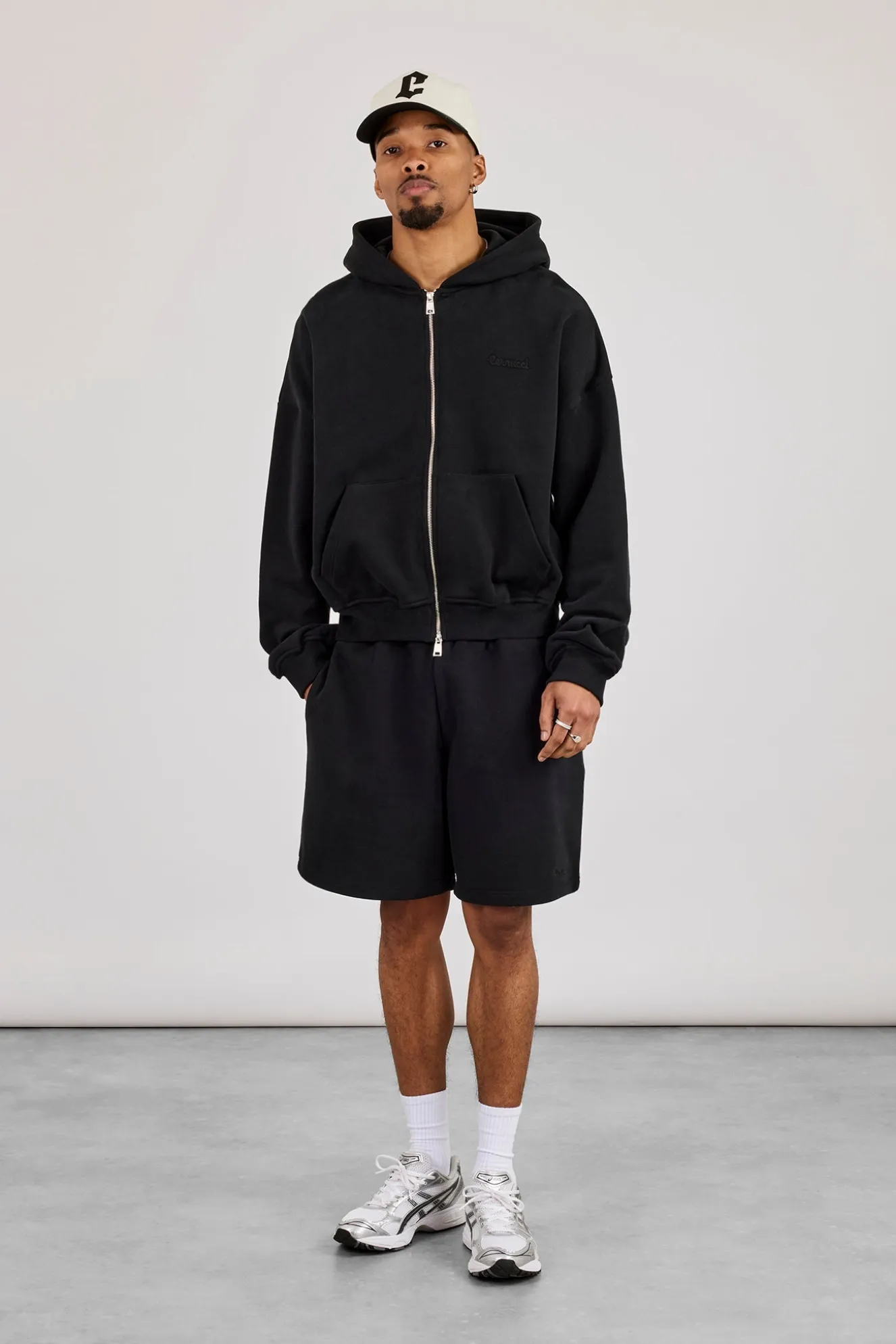 Zip Through Boxy Hoodie & Relaxed Jersey Short - Black