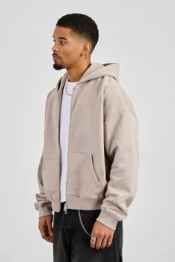 Zip Through Boxy Hoodie - Stone