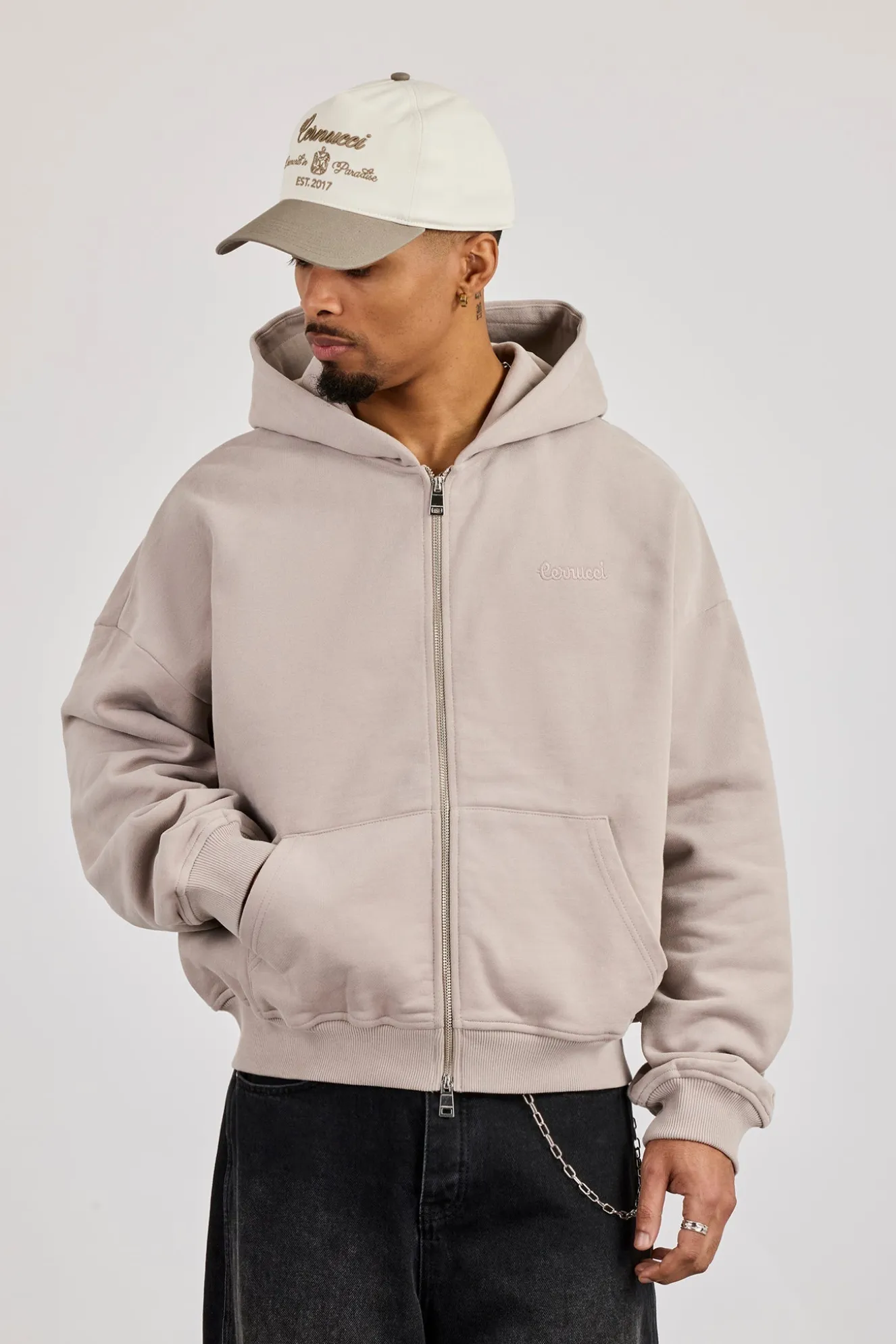 Zip Through Boxy Hoodie - Stone