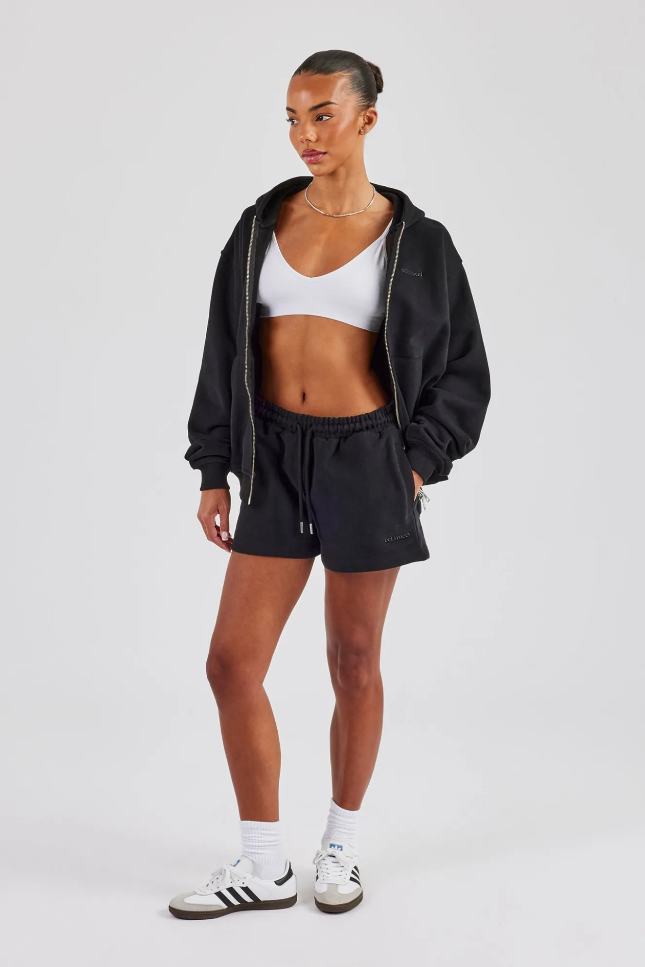 Zip Through Hoodie & Embroidered Short - Black