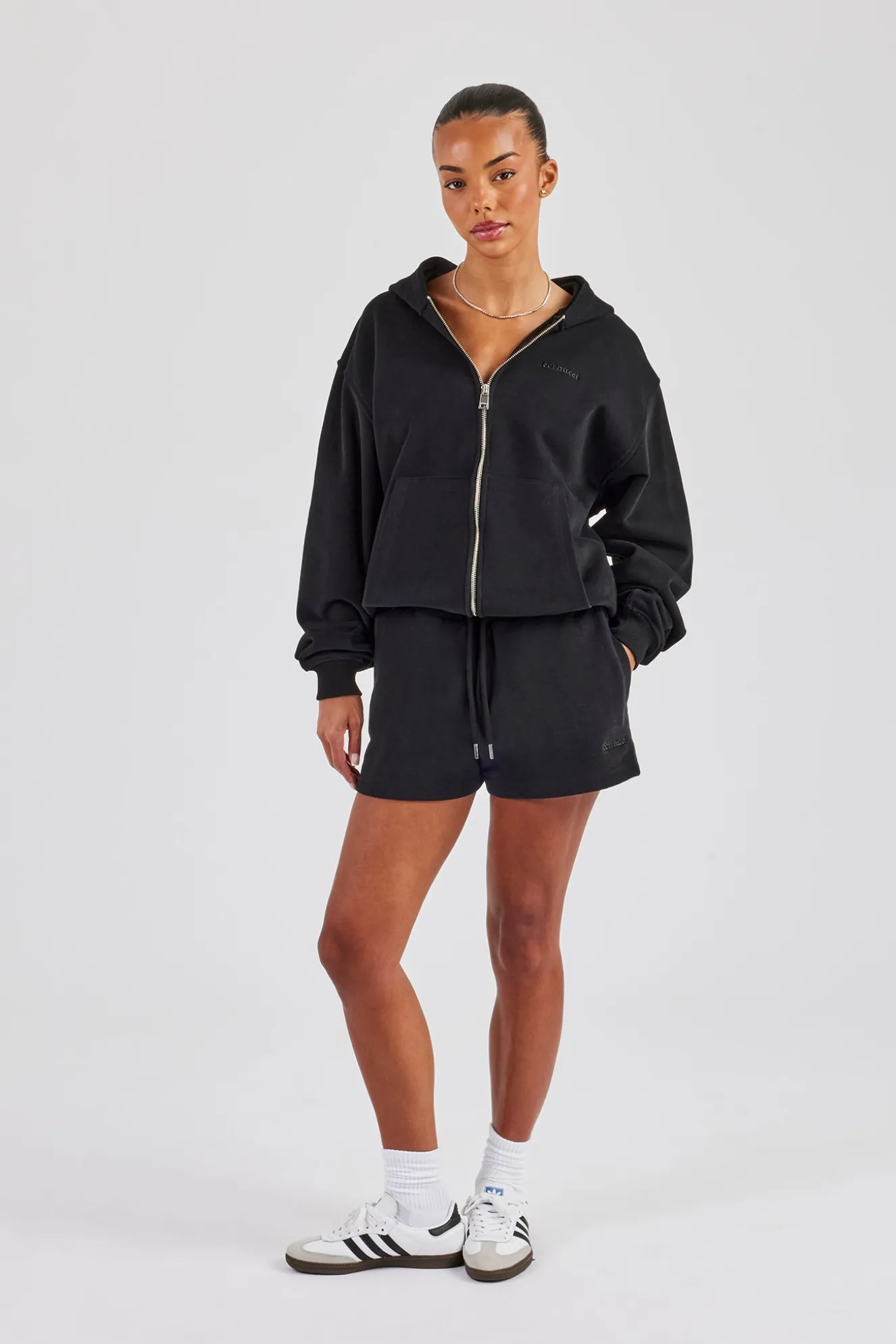 Zip Through Hoodie & Embroidered Short - Black