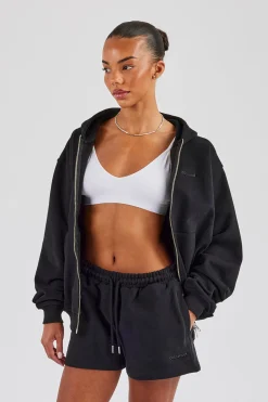 Zip Through Hoodie & Embroidered Short - Black